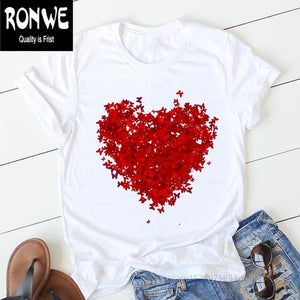 Pink Heart Flower Print Women Tshirt Cotton Casual