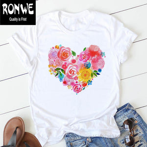 Pink Heart Flower Print Women Tshirt Cotton Casual