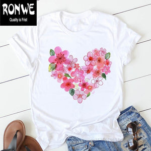 Pink Heart Flower Print Women Tshirt Cotton Casual