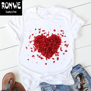 Pink Heart Flower Print Women Tshirt Cotton Casual