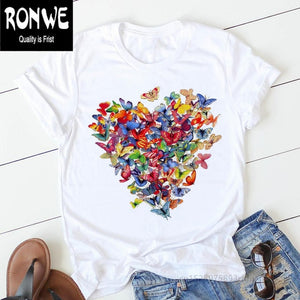 Pink Heart Flower Print Women Tshirt Cotton Casual