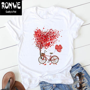 Pink Heart Flower Print Women Tshirt Cotton Casual