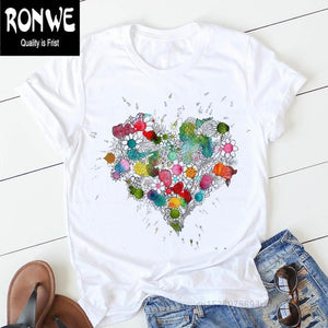 Pink Heart Flower Print Women Tshirt Cotton Casual