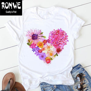 Pink Heart Flower Print Women Tshirt Cotton Casual